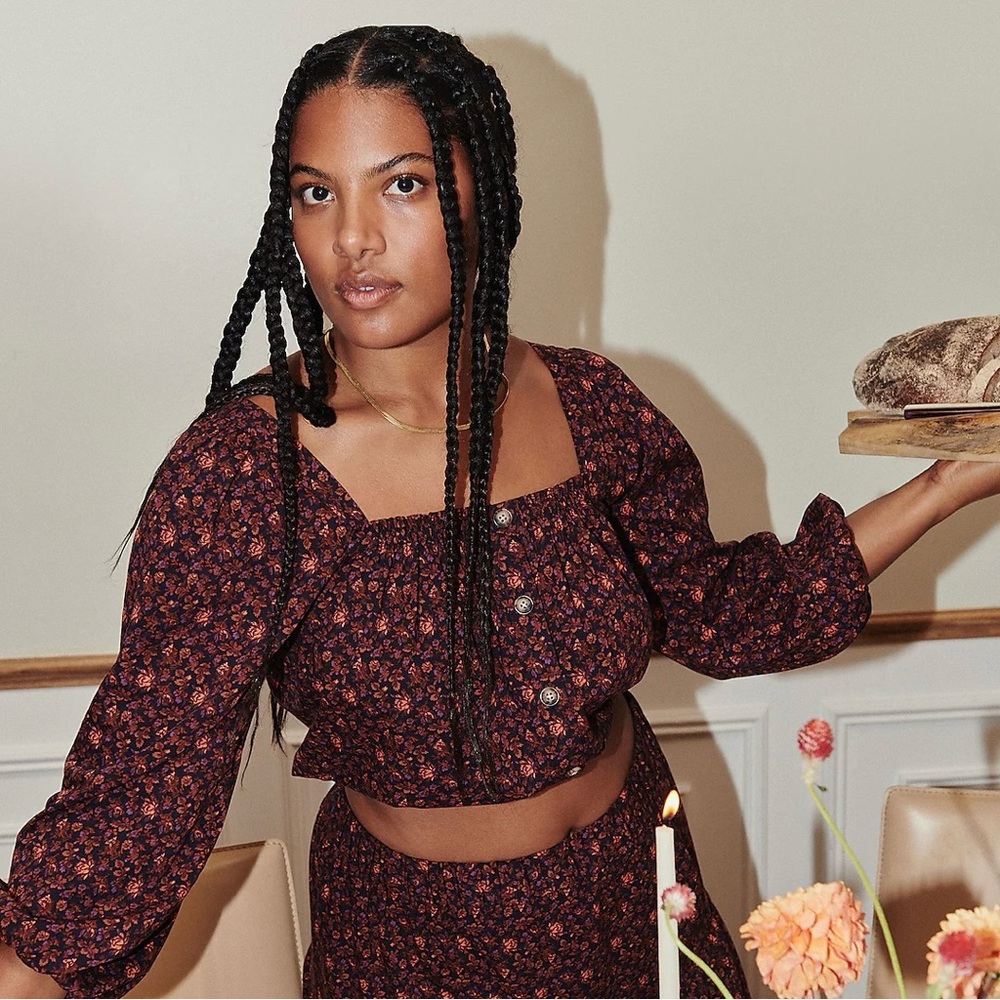 Madewell Puff-Sleeve Button-Front Crop Top in Orchard Floral